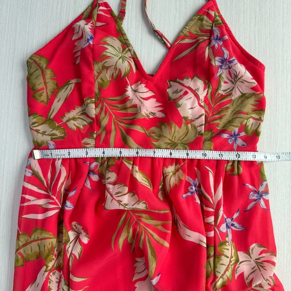 JAPNA V Neck Floral Maxi Dress S‎ Tropical Leaf Red Green Smocked Back